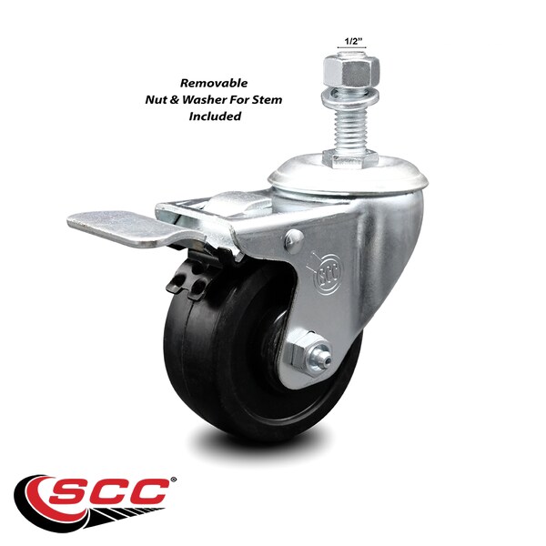 3.5 Inch Soft Rubber Wheel Swivel 1/2 Inch Stem Caster with Total Lock Brake SCC